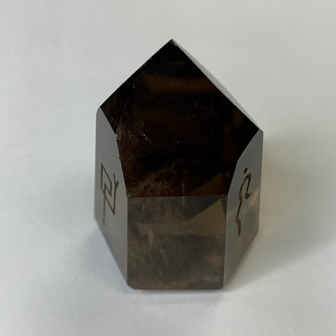 Smokey Quartz Point Tower w/ Masculine & Feminine Energy Inscription