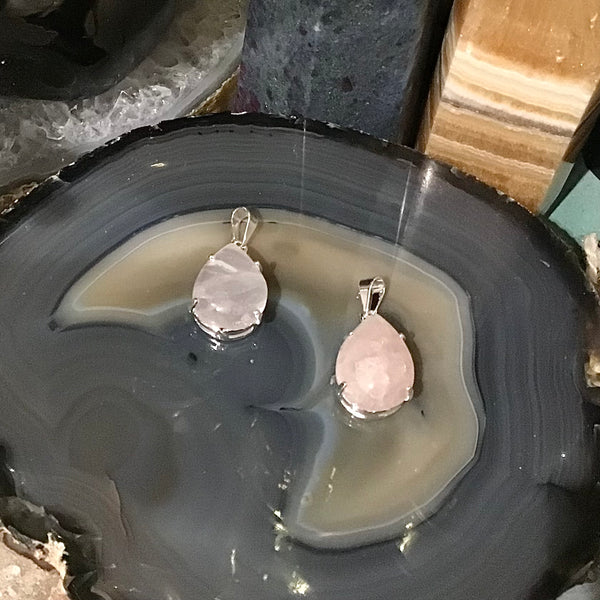 Rose Quartz Teardrop Shaped Silver Set Pendant
