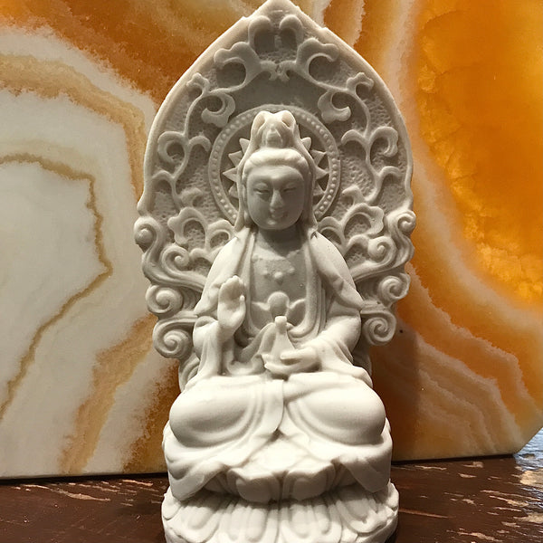 Kuan Yin Seated Statuary in White Resin