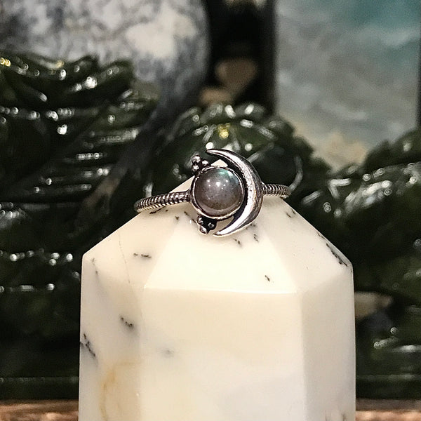 Sterling Silver Crescent Moon Ring with Gemstone