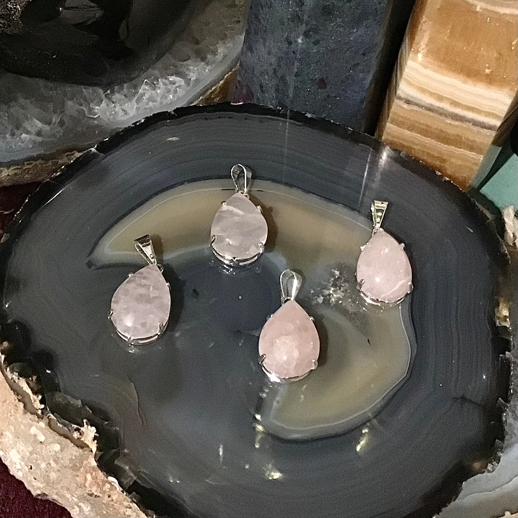 Rose Quartz Teardrop Shaped Silver Set Pendant