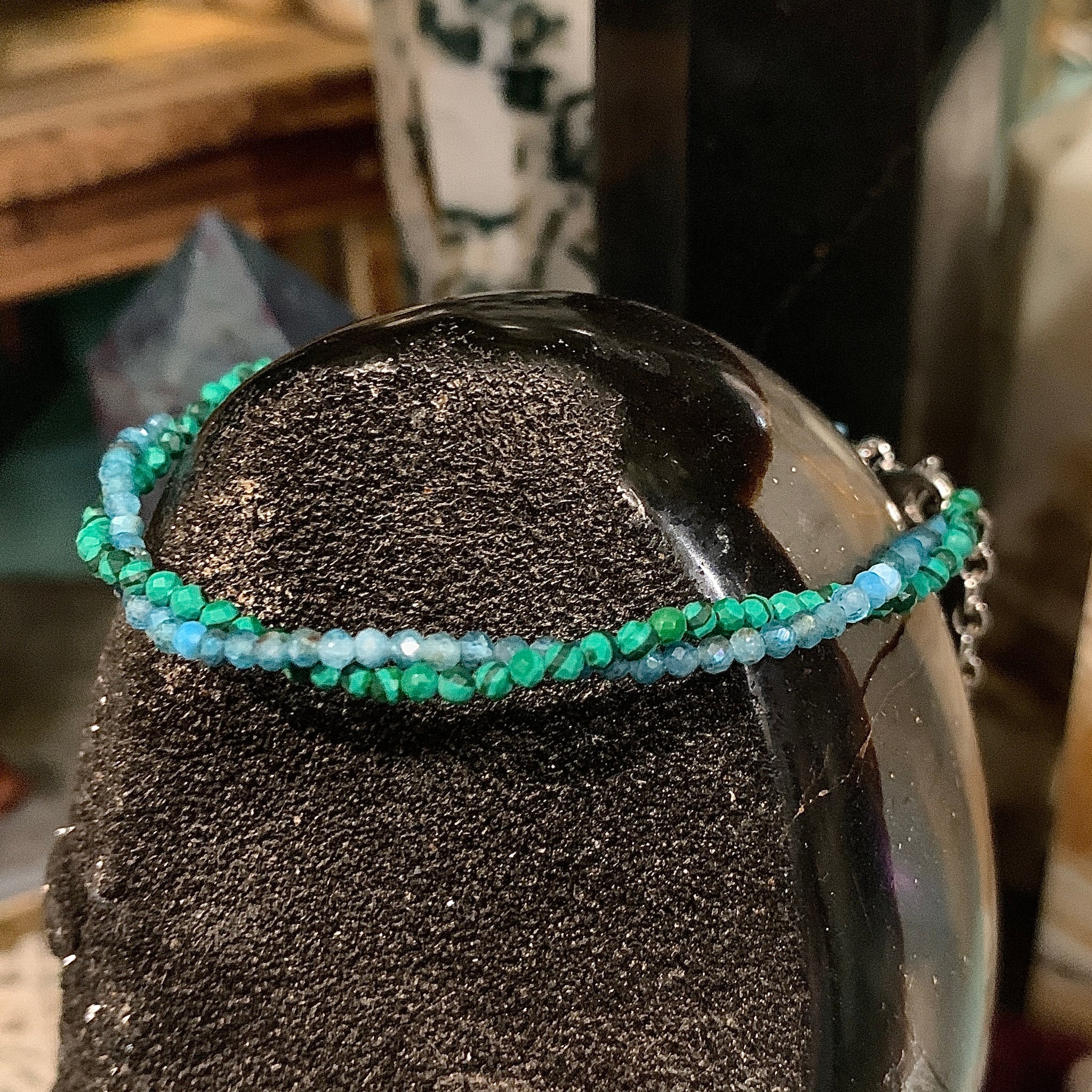 Apatite and Malachite Twist Micro Faceted Gemstone Bead Bracelet Sterling Silver 7 Inch with Extender