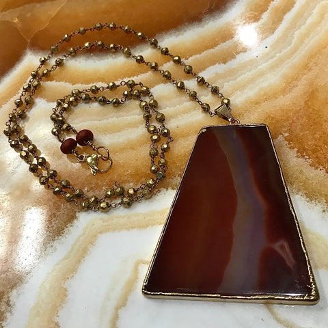 Carnelian Pendant and Pyrite 34 Inch Necklace