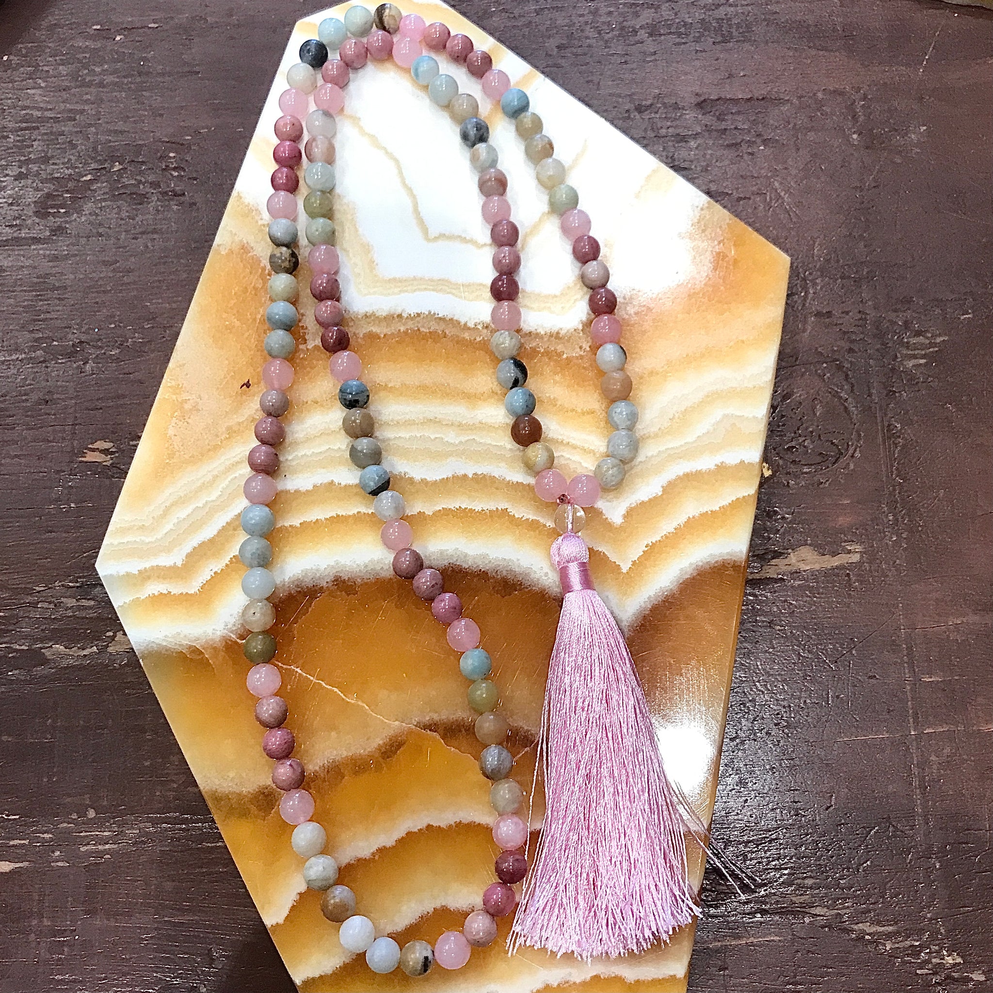 Rhodonite, Caribbean Calcite, Rose Quartz Mala Prayer Style 108 Bead Necklace