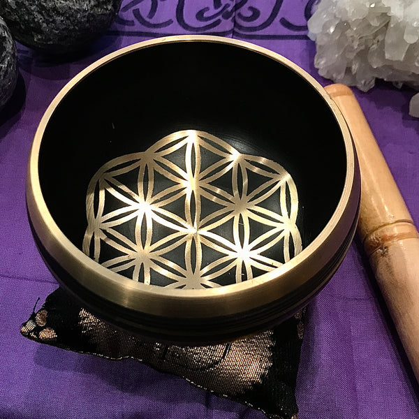 Black Flower of Life Tibetan Singing Bowl with Cushion & Stick