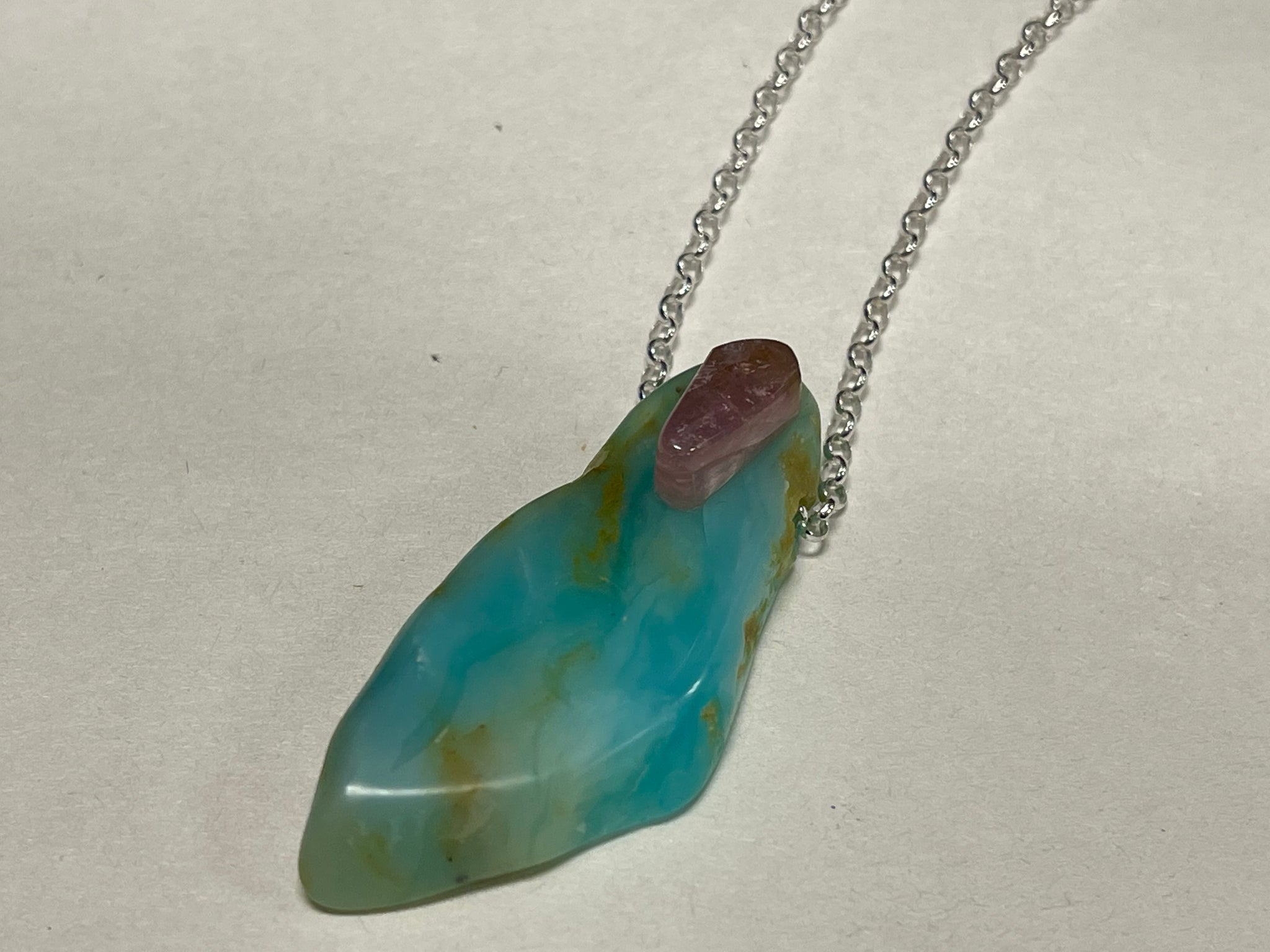 Hovave Art Peruvian Opal & Pink Tourmaline Sterling Silver Pendent Necklace