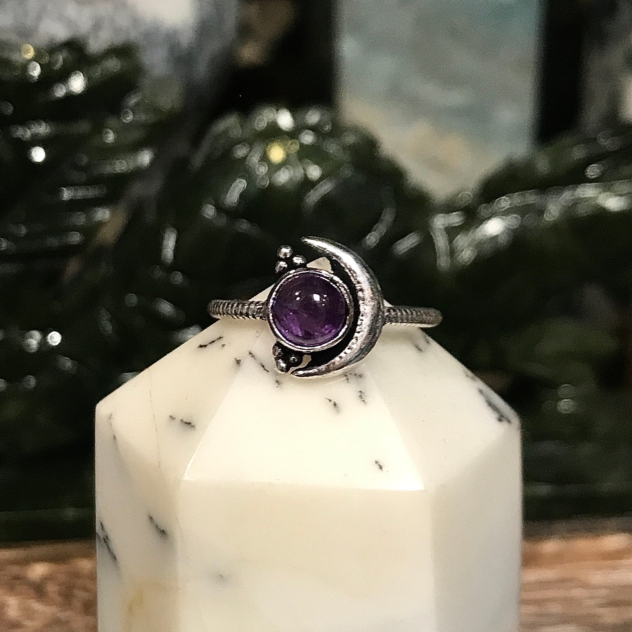 Sterling Silver Crescent Moon Ring with Gemstone