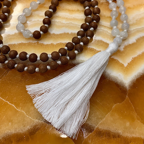 Sandalwood and White Moonstone 108 Bead Meditation Mala Necklace