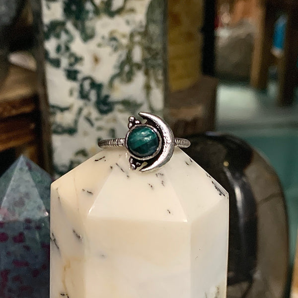 Sterling Silver Crescent Moon Ring with Gemstone