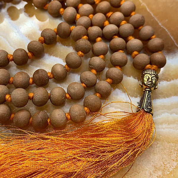 Sandalwood Mala Necklace with Golden Tassel