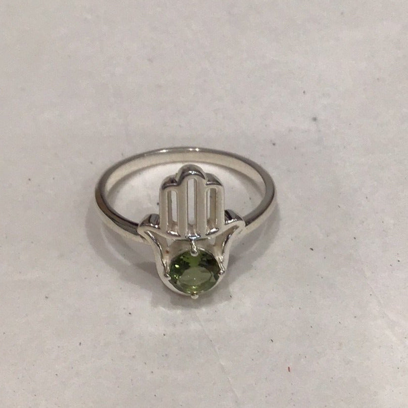 Faceted Cut Moldavite Sterling Hamsa sz 7 Ring