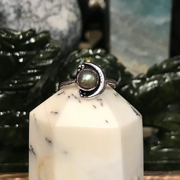 Sterling Silver Crescent Moon Ring with Gemstone