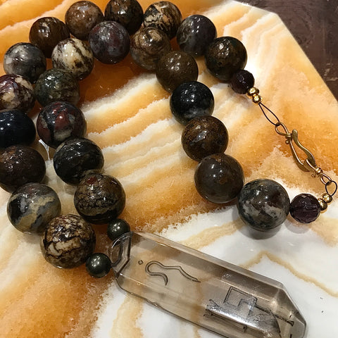 Peitersite and Smoky Quartz Necklace with Hovave Pendant of Divine Feminine and Masculine Energy