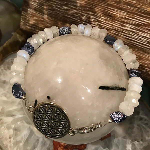 Rainbow Moonstone and Blue Pyrite Seed of Life Silver Bracelet