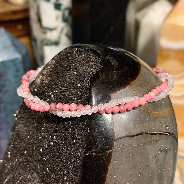 Rose Quartz and Rhodonite Twist Micro Faceted Gemstone Bead Bracelet Sterling Silver 7 Inch with Extender