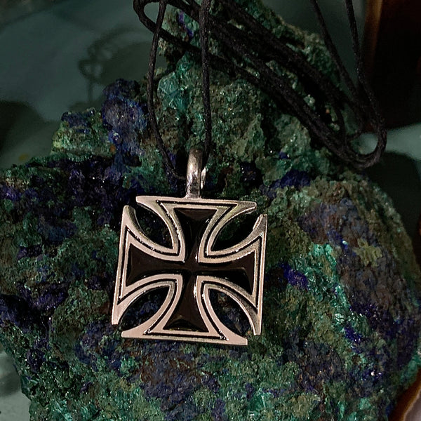 Templar Cross Pendant Pewter Black Enamel