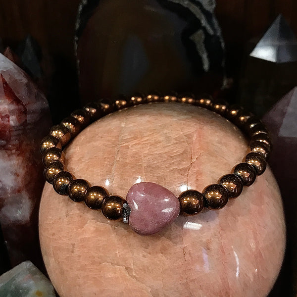 Golden Pyrite with Rhodonite Heart 7mm Stackable Bracelet