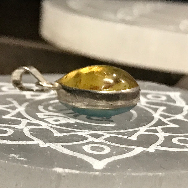 Larimar and Amber 2 Sided Sterling Silver Pendant