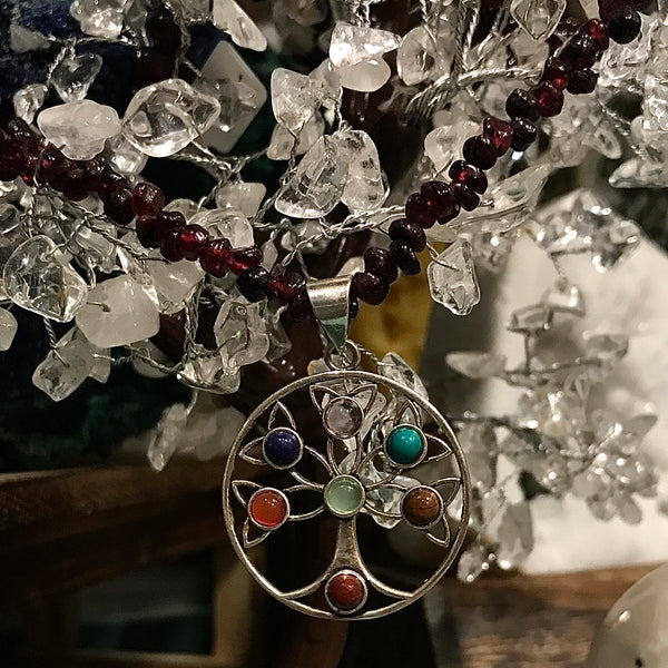 Garnet Tree of Life 7 stone Pendant Necklace 30”