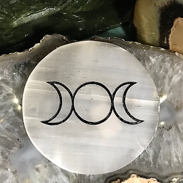 Triple Moon Engraved Selenite Charger