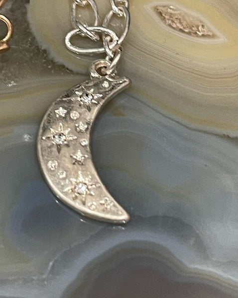 Crescent Moon with CZ stars pendant necklace