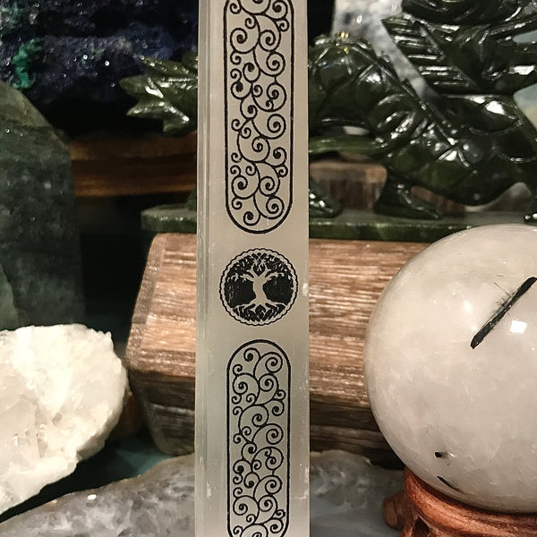 Tree of Life Scroll Engraved Selenite Tower 5 Inch