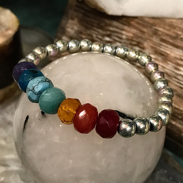 Faceted Gemstone Stackable Bracelet with Rainbow Pyrite