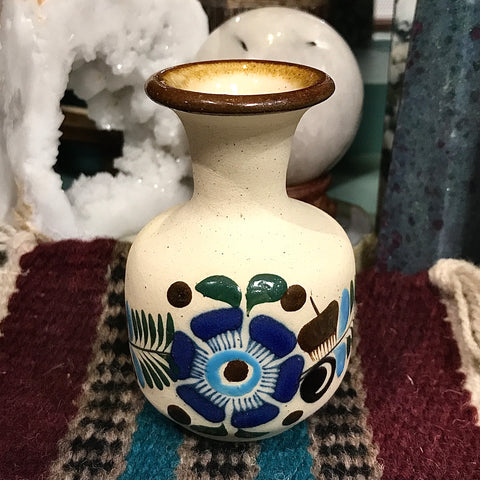 Blue Flower Mexican Interior Glazed Bud Vase