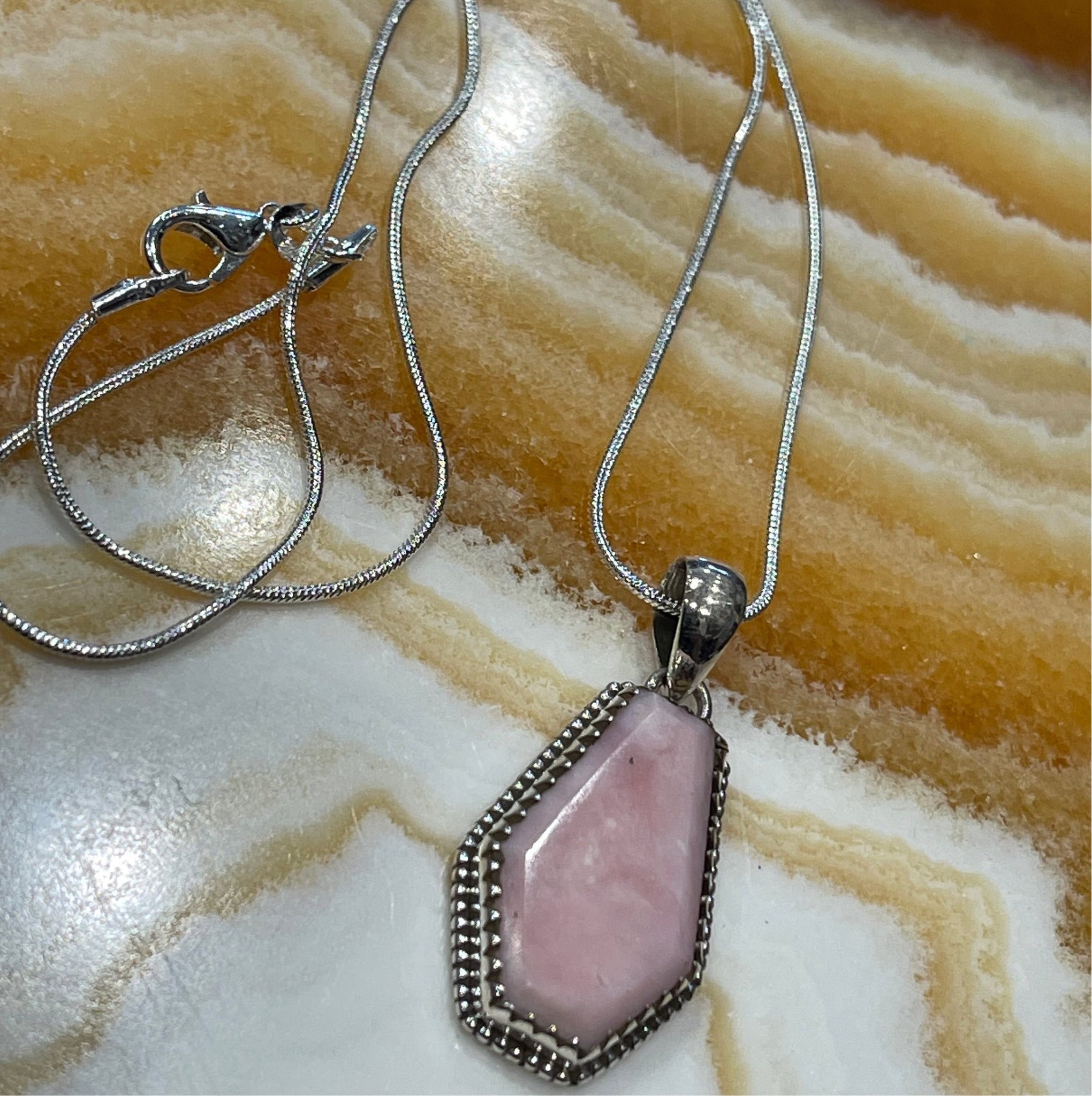 Sterling Silver Pink Opal Coffin Pendant 18” Necklace