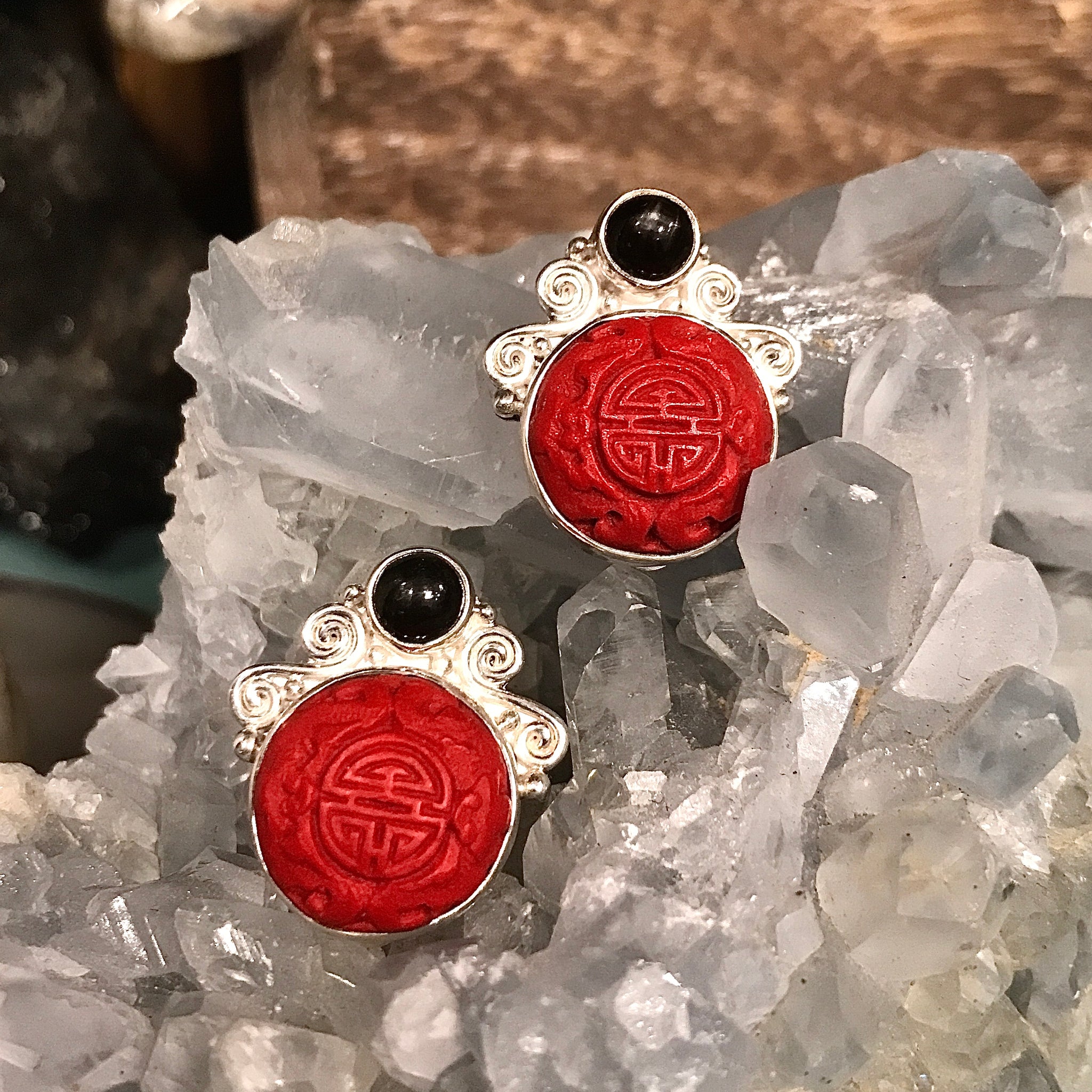 Cinnabar and Garnet Sajen Sterling Clip on Earrings