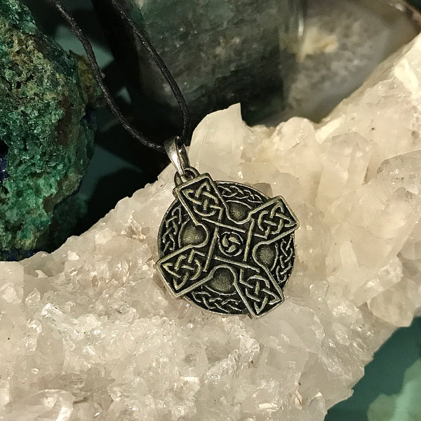 Silver Plated Celtic Cross Pendant on a Black Cord
