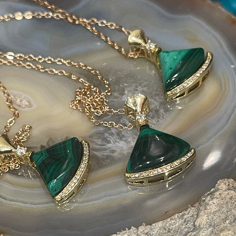 Malachite Fan Pendant Gold Necklace