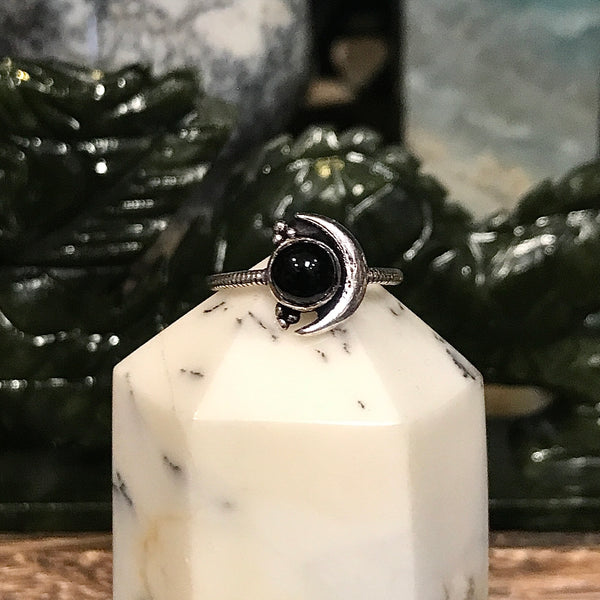 Sterling Silver Crescent Moon Ring with Gemstone