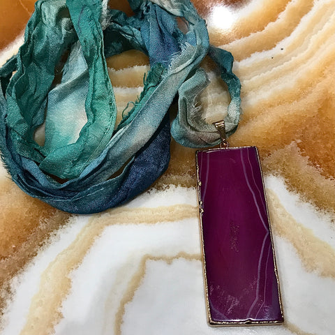 Banded Agate Pink Pendant on Silk Necklace