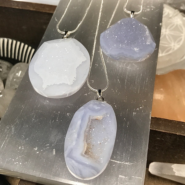 Blue Lace Agate Druzy Pendant Silver Necklace