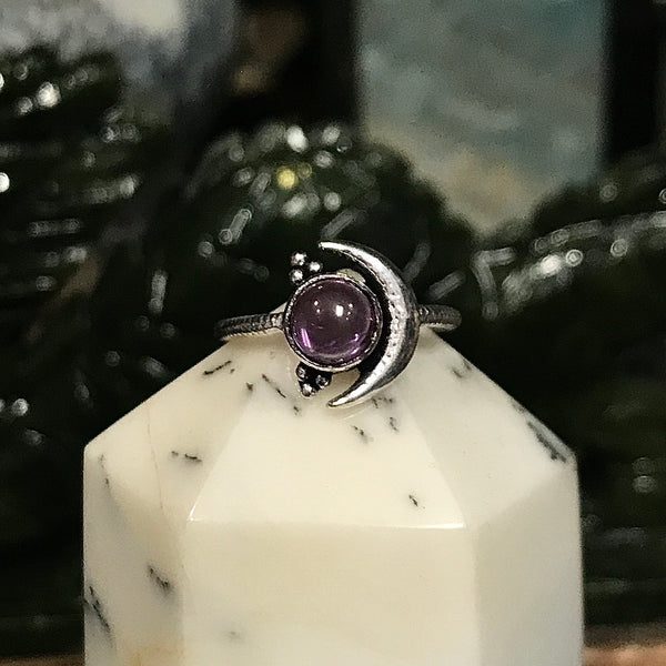 Sterling Silver Crescent Moon Ring with Gemstone