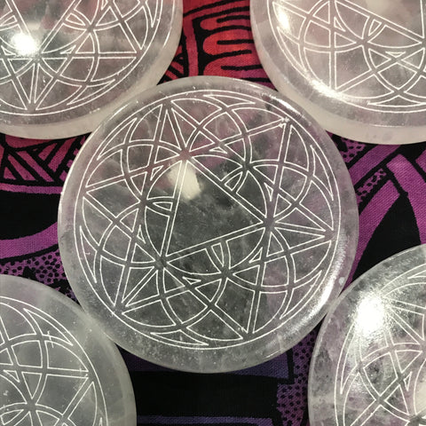 Selenite Seed of Life Charging Plate, 3 Inch Diameter