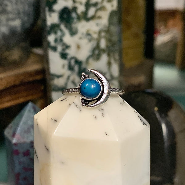 Sterling Silver Crescent Moon Ring with Gemstone