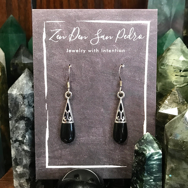 Onyx Filigree Teardrop Sterling Silver Earrings