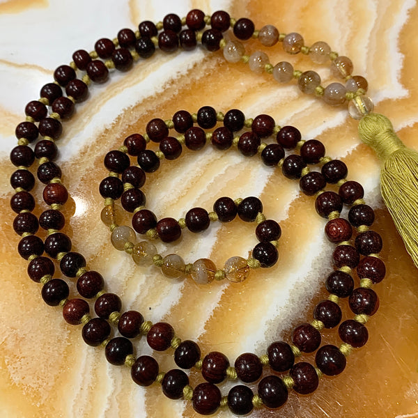 Rosewood and Citrine 108 Bead Meditation Mala Necklace