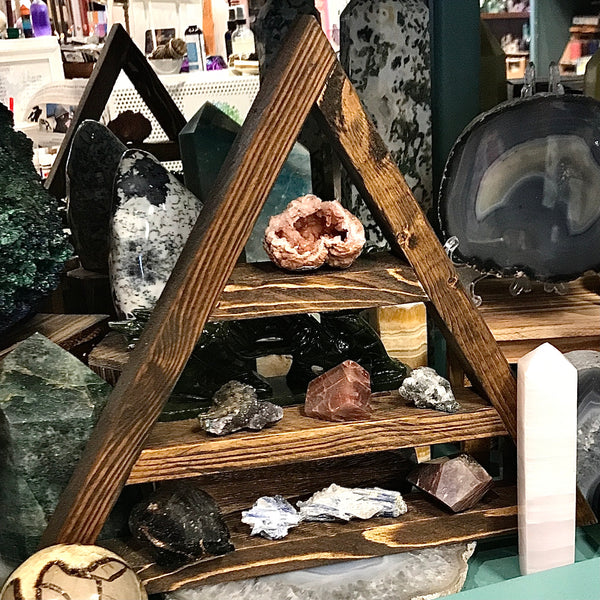 Dark Stained Three Shelf Triangle Crystal Display