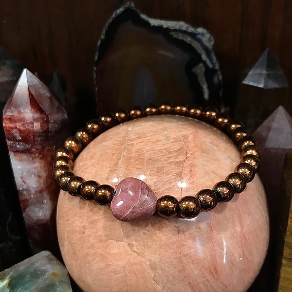 Golden Pyrite with Rhodonite Heart 7mm Stackable Bracelet