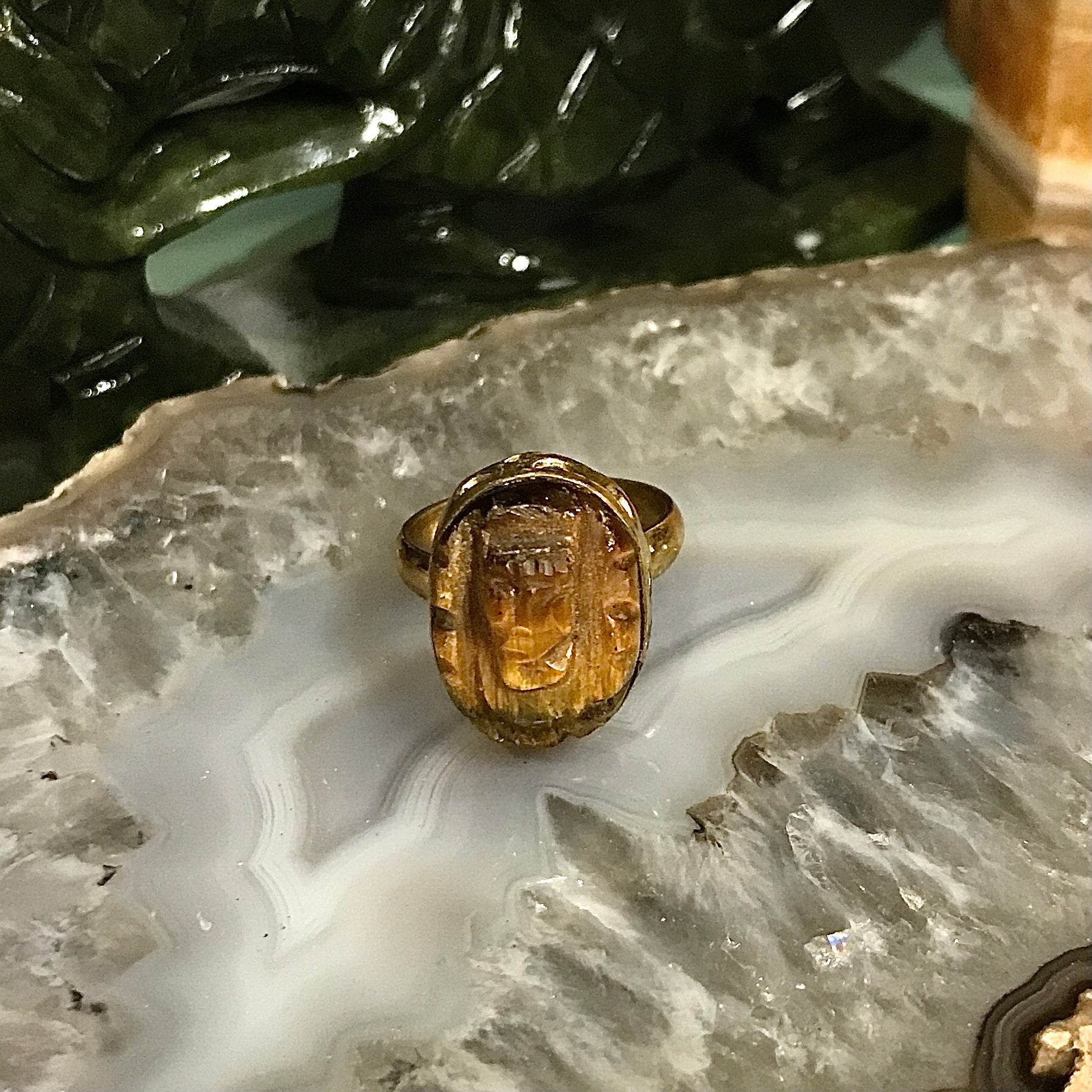 Ganesh Carved Cabochon Gold Plated Brass Ring In Tigereye