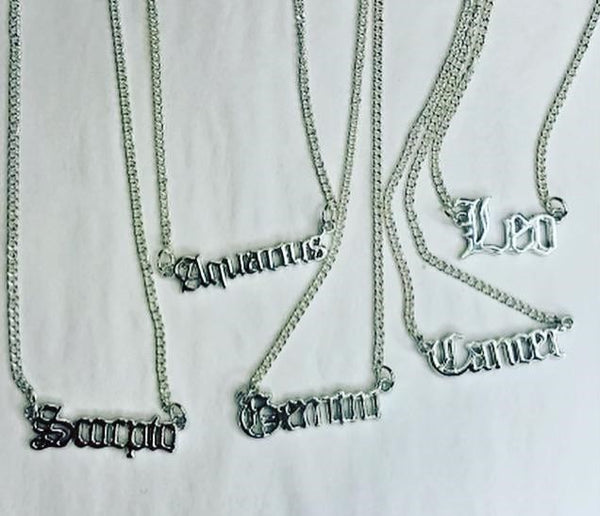 Nameplate Calligraphy Style Zodiac Silver Necklace