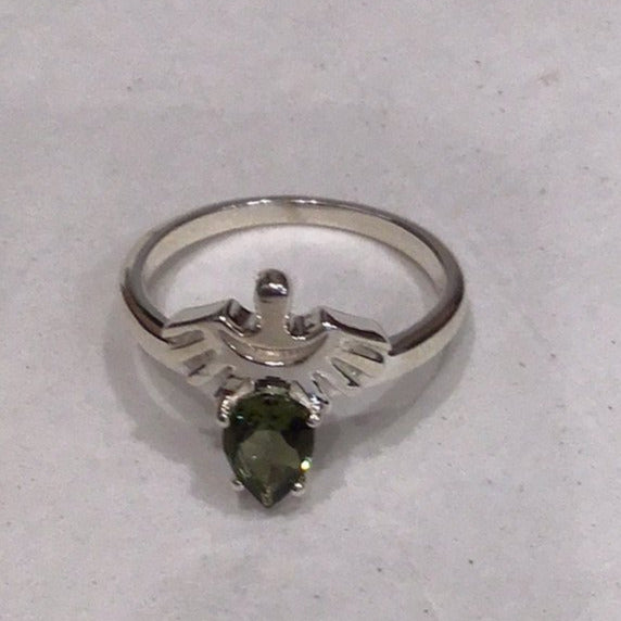 Faceted Cut Moldavite Sterling Eagle sz 7 Ring