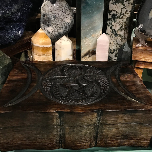Pentagram Cobra Carved Wood Box 9” x 6” x 2.75”