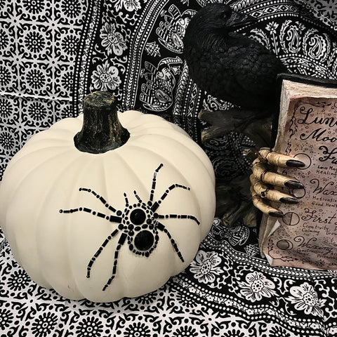 Black Stone Spider Adorned White Pumpkin 11 Inch