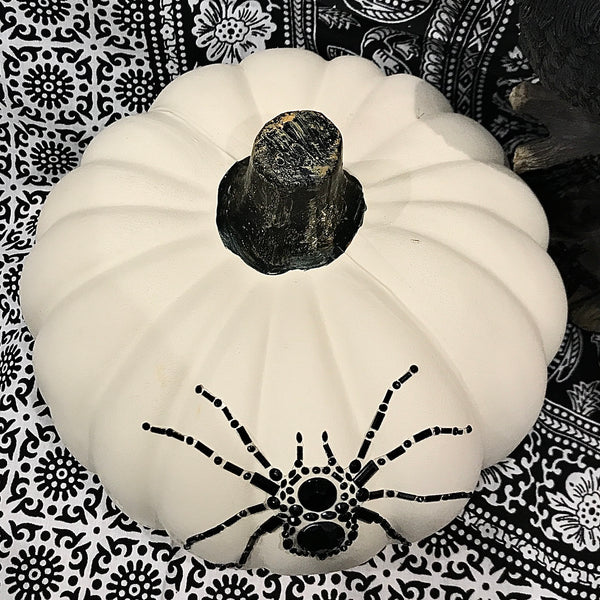 Black Stone Spider Adorned White Pumpkin 11 Inch