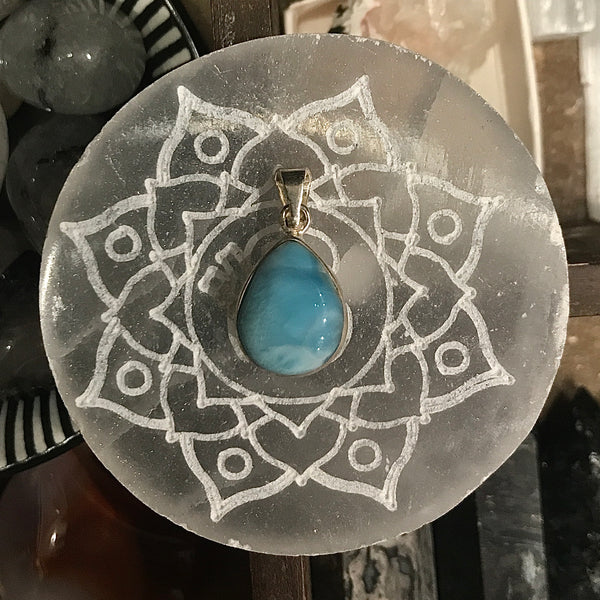 Larimar and Amber 2 Sided Sterling Silver Pendant