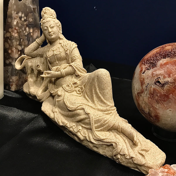 Kwan Yin Laying Down Sandstone Finish 7” Tall x 12” Wide